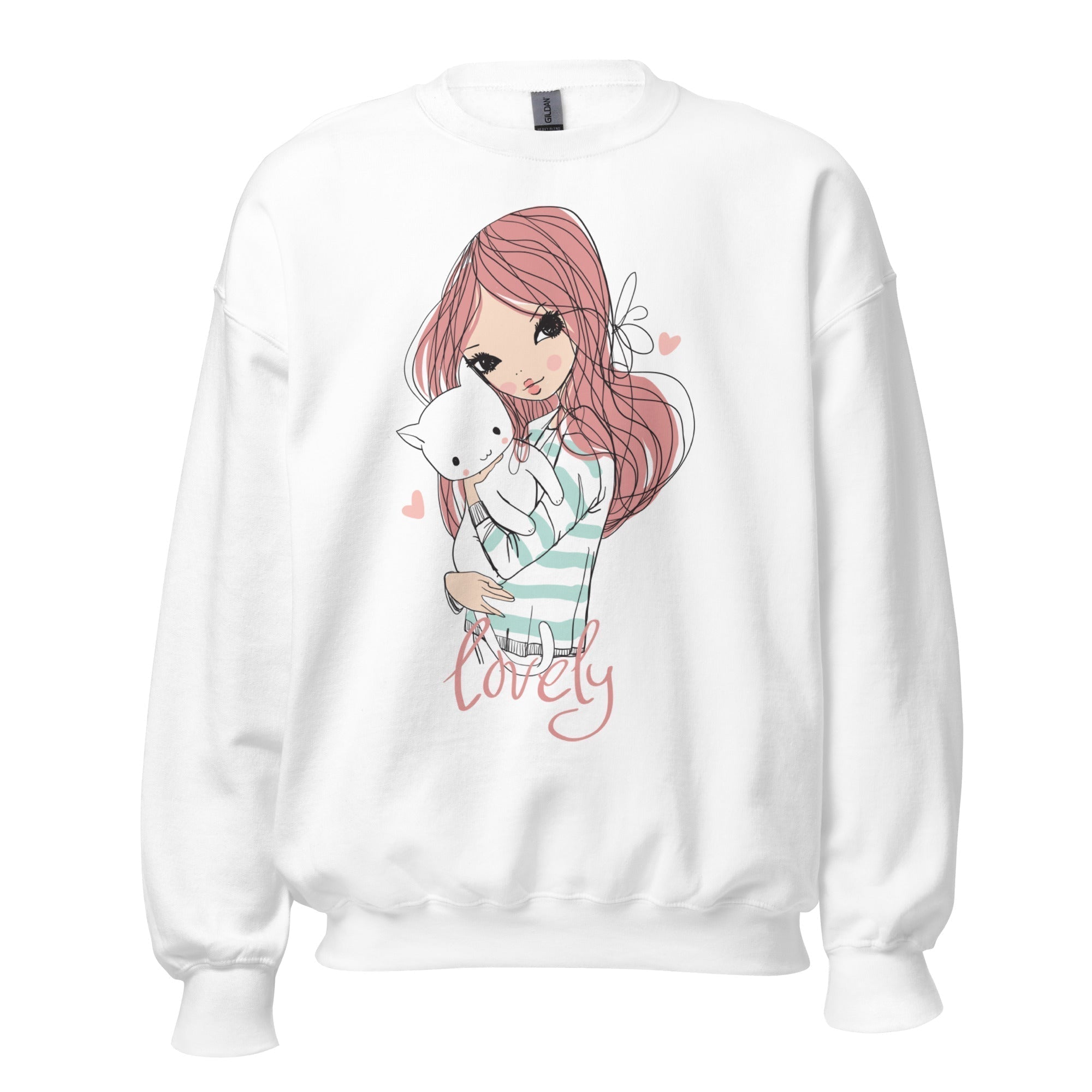 Women's Crew Neck Sweatshirt - Lovely Girl With Cat - GRAPHIC T-SHIRTS