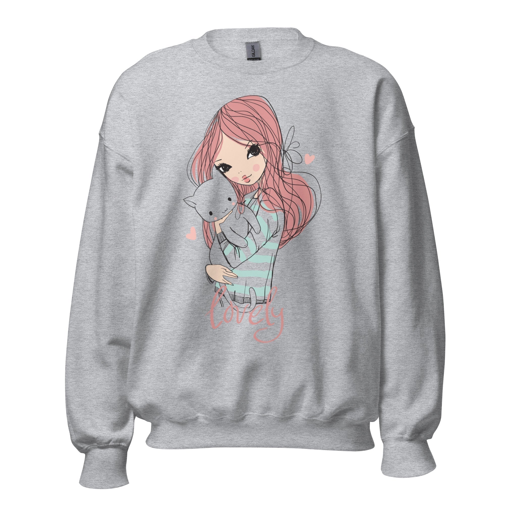 Women's Crew Neck Sweatshirt - Lovely Girl With Cat - GRAPHIC T-SHIRTS