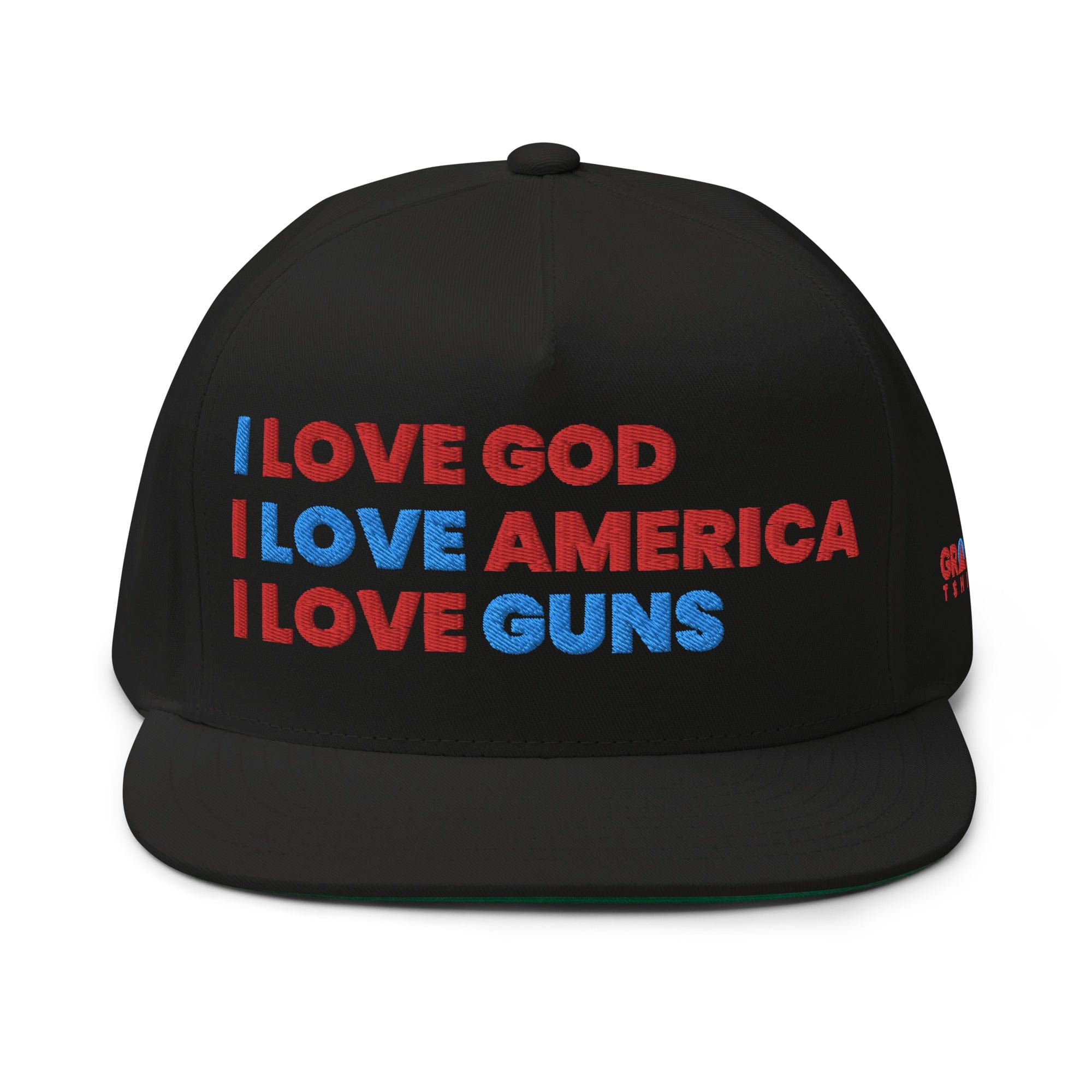 GRAPHIC T-SHIRTS Black Flat Bill Cap - I Love God. I Love America. I Love Guns.