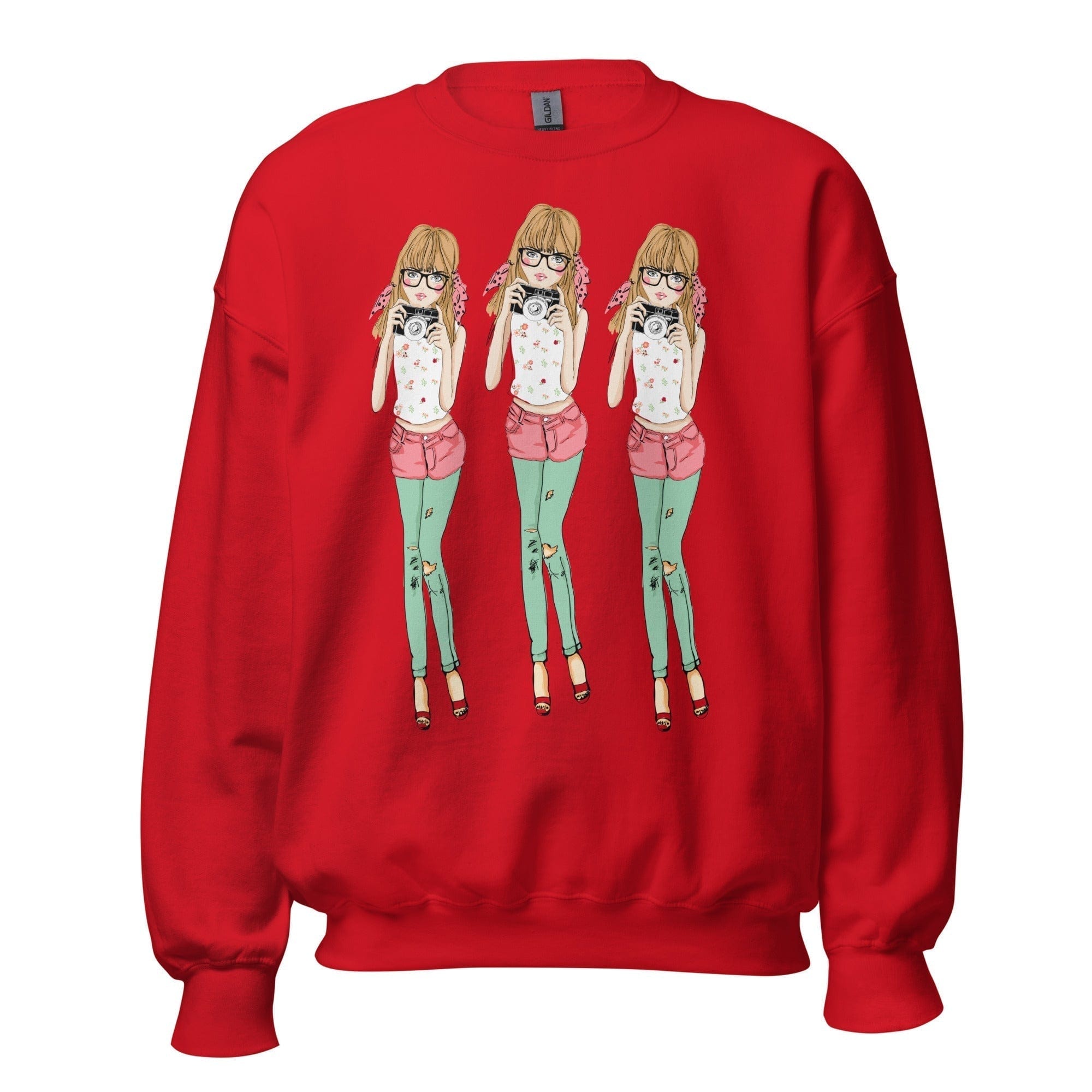 GRAPHIC T-SHIRTS Red / S Unisex Crew Neck Sweatshirt - Photographer Girl